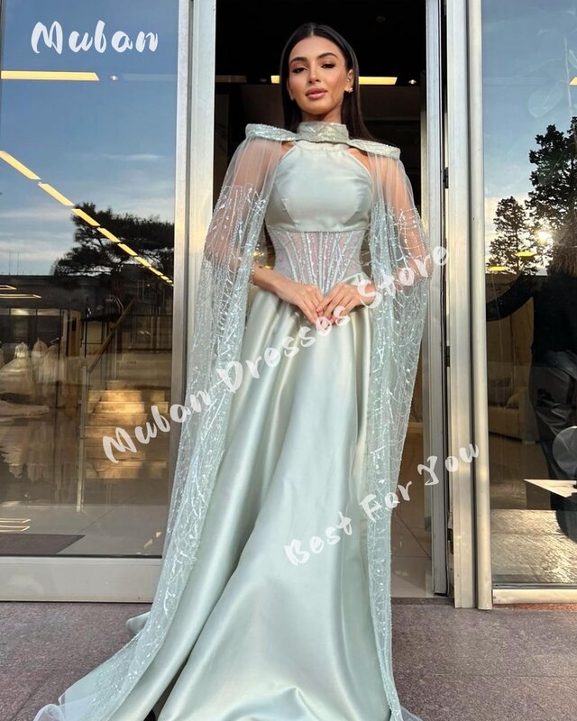 Shiny Sequin Tulle Cloak Prom Dresses Sleeveless A-line Satin Back Zipper Evening Dresses 2024 Formal Occasion Party Gown
