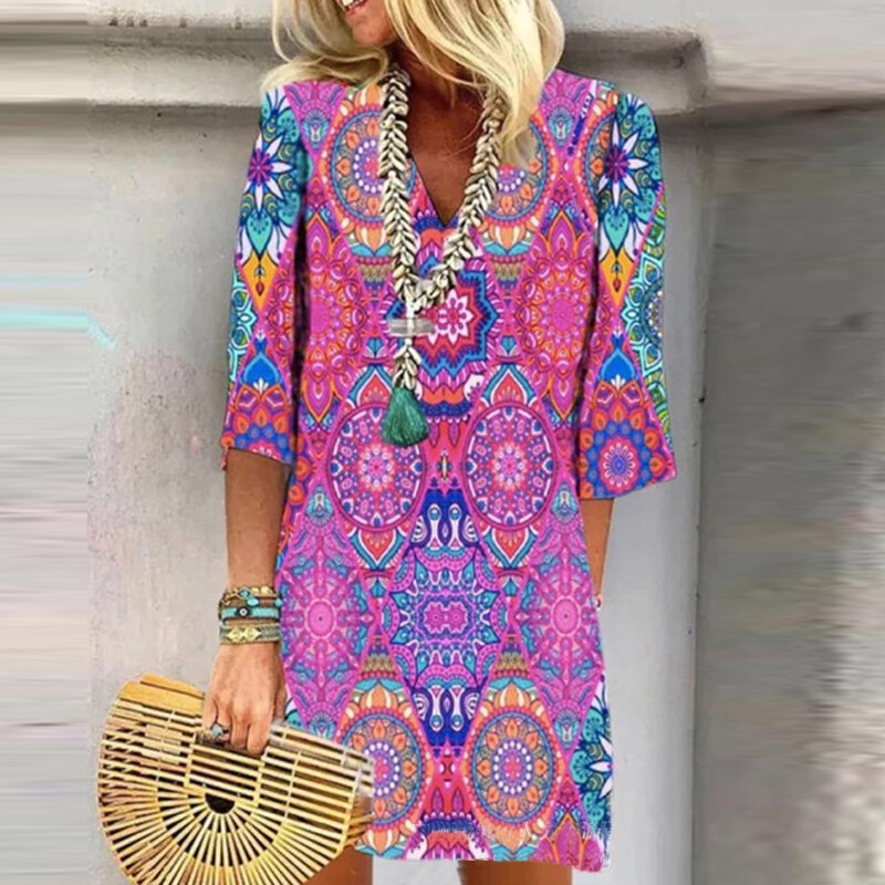 Office Fashion V-neck Pullover Party Dress Casual Lady Loose Straight Short Dress 2023 Women Bohe Pattern Print Vintage Dresses