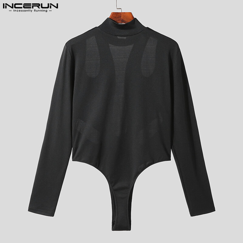 Incerun-Bodysuits estilo elegante sexy dos homens, malha emenda Design macacão, fino metade do pescoço alto triângulo macacões, Homewear, novo, S-5XL