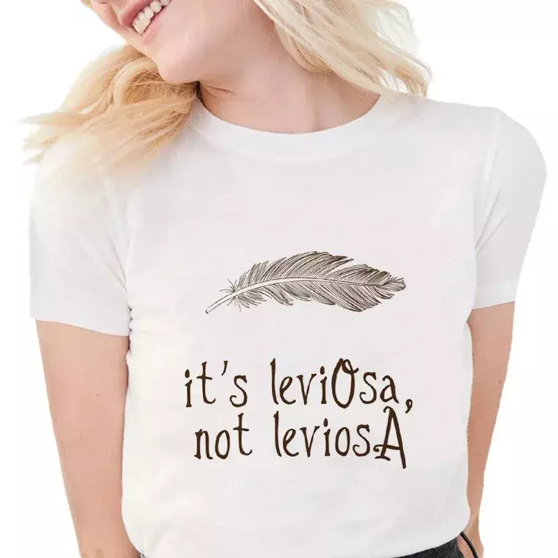 100% Cotton T Shirt Casual White Clothes Fashion Women Funny Feather T-shirt It's LeviOsa Not LeviosA Letter Graphic Print Tops
