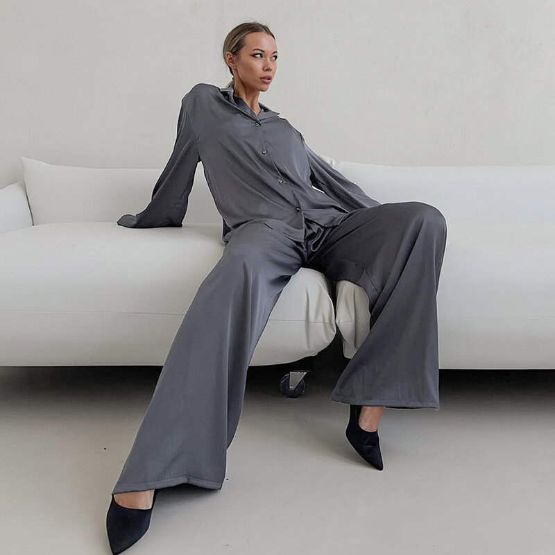 Women's Pajama Set For Autumn Winter Solid Cardigan Long-Sleeve Top With Belt+Loose Pants 2Pcs Lady Home Sleepwear Cotton Pyjama