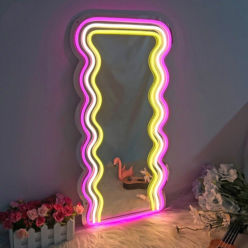 Mirror Led Neon Sign Lights for Girls Room Decor Lamp Party Art Wall Decoration Love Rectangle Hello Kitty Shape Neon Mirror