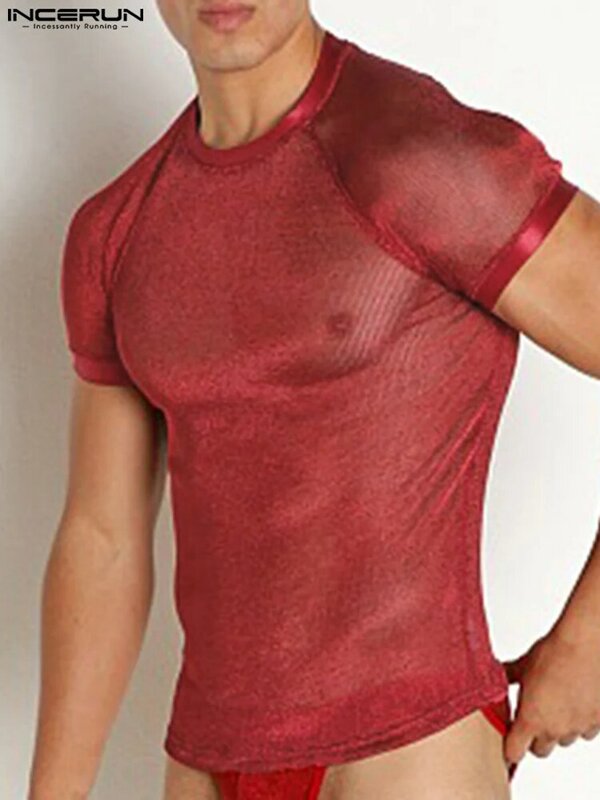 INCERUN mężczyźni T Shirt błyszczące siatkowy Patchwork przepuszczalność O-neck z krótkim rękawem Tee topy Fitness Streetwear 2023 Sexy Camisetas S-5XL