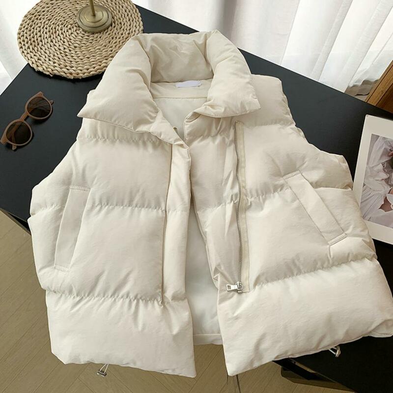 معطف نسائي بياقة مستقيمة بسحاب مع جيوب ، صدرية سميكة ، دافئة ، خريف ، شتاء ، موضة