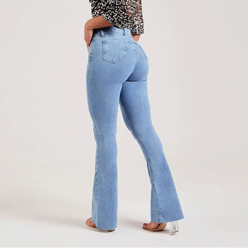 Women Flare Jeans Mid-Rise Stretchy Light Blue Denim Pants Skinny Vintage Casual Office Streetwear Fashion Cowboys Trousers