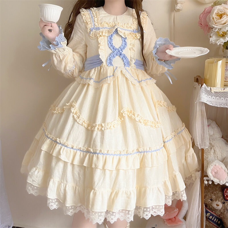 Sukienki w stylu lolity wiktoriańska średniowieczna słodka Retro sukienka z długim rękawem słodka księżniczka codziennie weselne dla dziewczynek urocza impreza przedsionek jesień