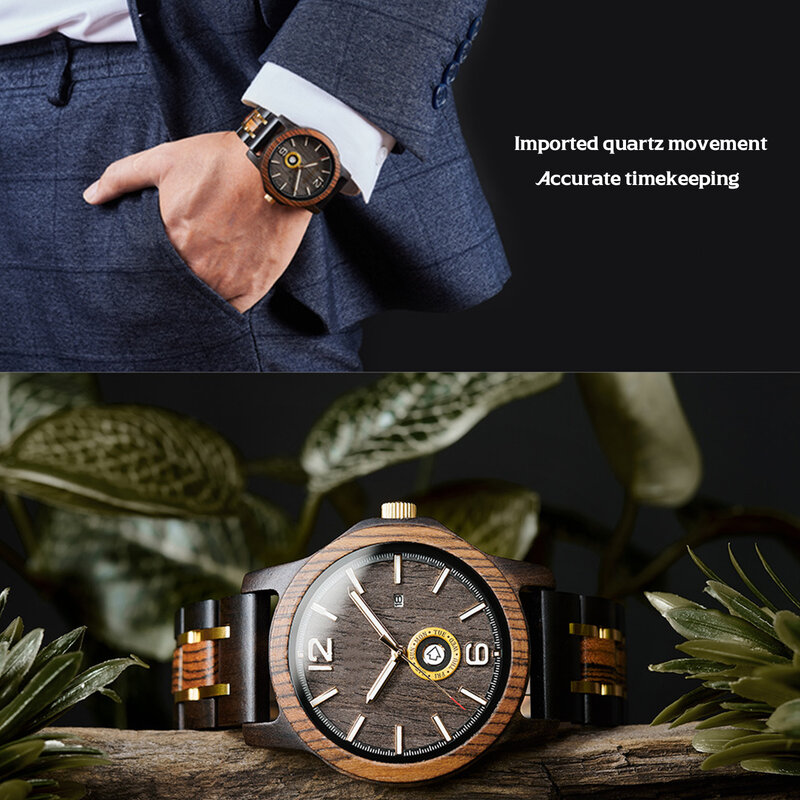 นาฬิกาควอทซ์ผู้ชายสแตนเลสนาฬิกาไม้โครโนกราฟมัลติฟังก์ชั่น, นาฬิกาแก้วป้องกันรอยขีดข่วนนาฬิกาของขวัญปฏิทิน