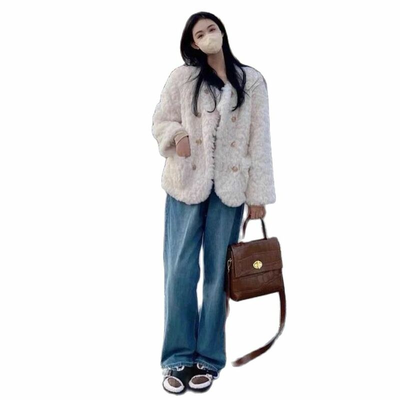 Casaco peludo solto feminino com bolsos, jaquetas de lã de cordeiro estilo coreano, moda feminina streetwear, casacos de pelúcia, todos os fósforos, novo