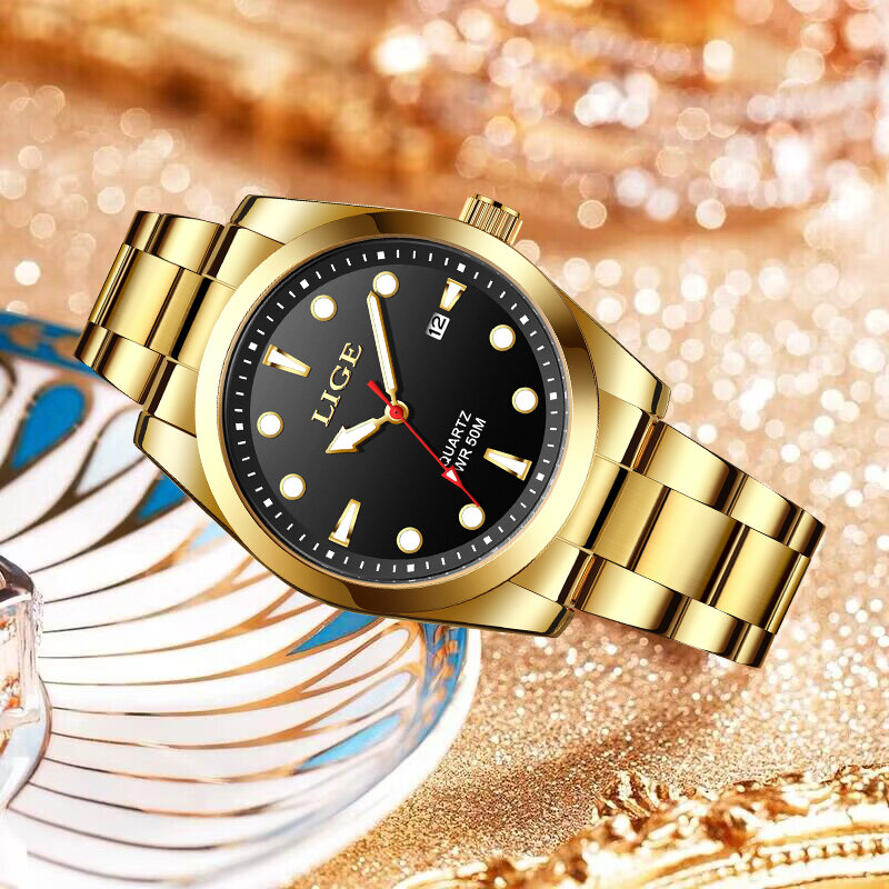 LIGE-Montre-bracelet de luxe pour femme, étanche, dorée, en acier inoxydable, à quartz, avec boîte