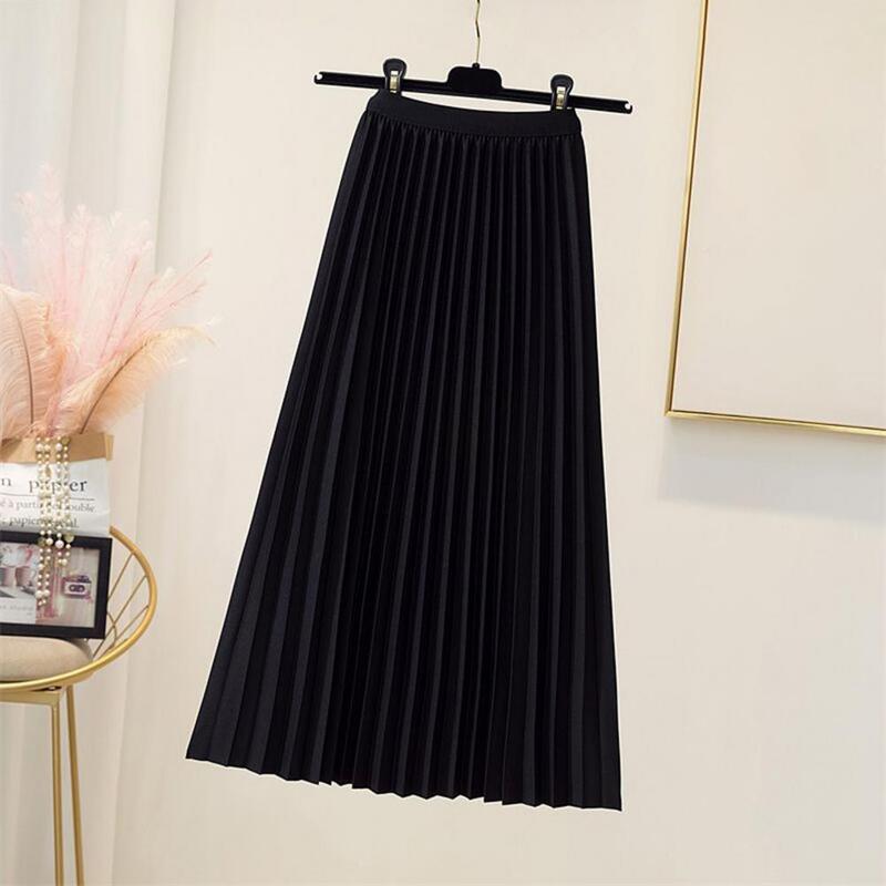 Versatile Women Maxi Skirt Elegant Women's Maxi Skirt with Elastic High Waist A-line Design Pleated Solid Color Large for Work