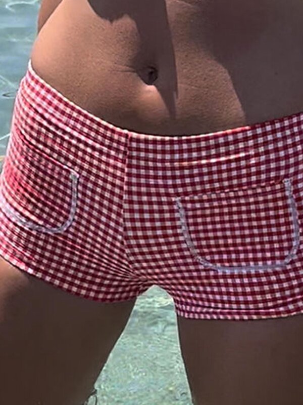 Frauen Pyjama Shorts bequeme Lounge Bottom Plaid Print Shorts niedrige Taille Vorder tasche dehnbare Shorts Beach Boy Shorts