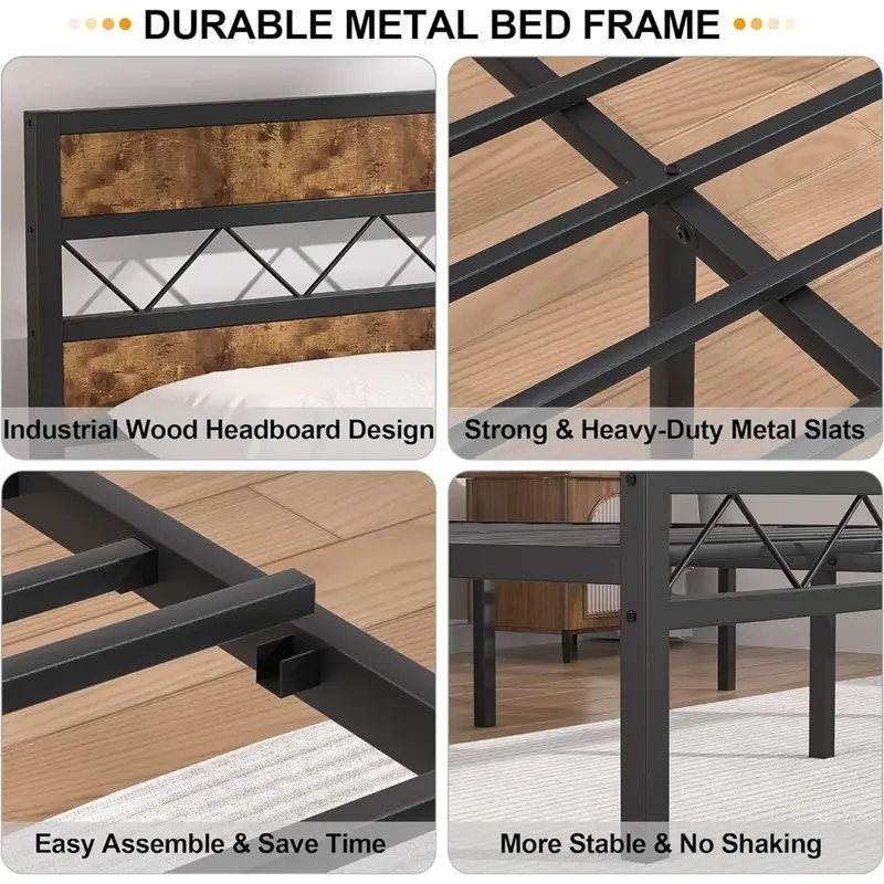 Estrutura de cama plataforma metálica, cabeceira de madeira vintage, suporte de ripas de metal resistente, base de colchão, sem necessidade de uma caixa