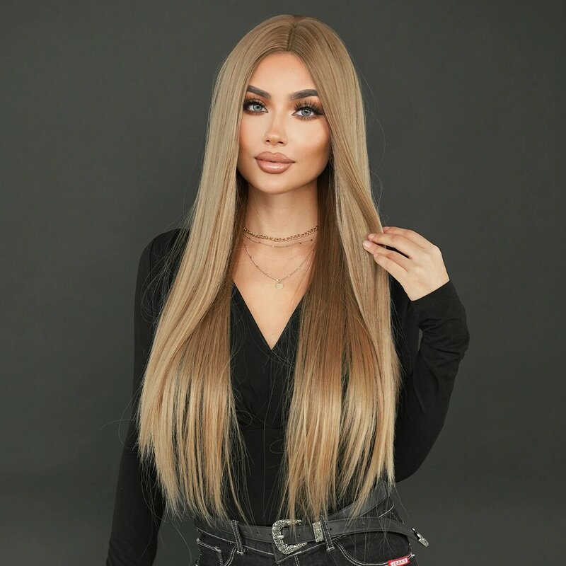 NAMM Long Straight Cold Blonde muslimex Wig For Women Mid Split Wig uso quotidiano Party parrucche sintetiche resistenti al calore ad alta densità