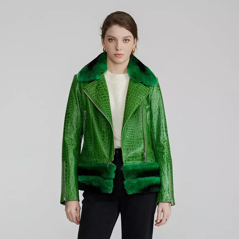 Women's Real Leather Jacket Genuine Sheepskin Leather Detachable Real Rex Rabbit Fur Collar Cuff Fashion Coat