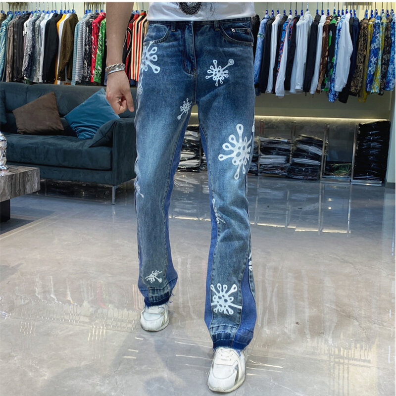 High Street Vintage Blauwe Jeans Wit Motief Print Broek Casual Rechte Benen Broek Mode Contrast Kruis Vaqueros Hombre