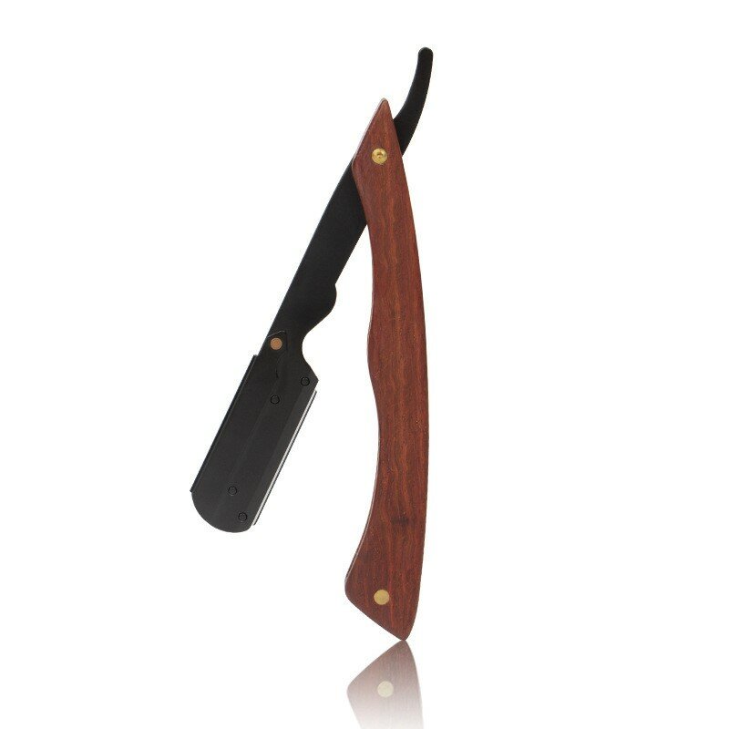 Alat cukur lipat Manual pria, dengan pegangan kayu cendana baja nirkarat pemegang alat cukur pangkas rambut cambang alis