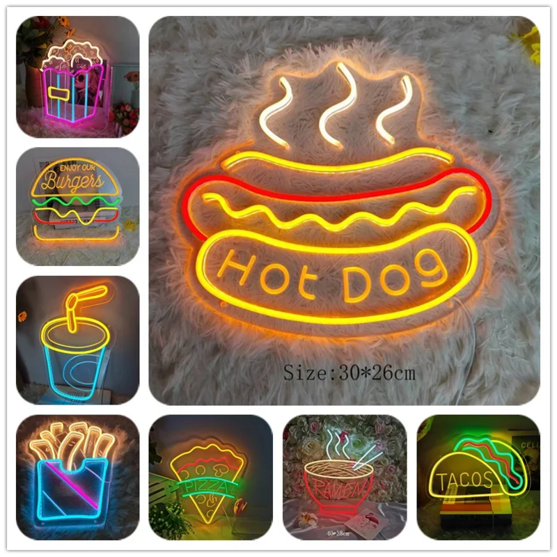 Led neon sinal de cachorro quente pizza sorvete restaurante loja aberto decorações festa de casamento luz da noite casa barra parede natal