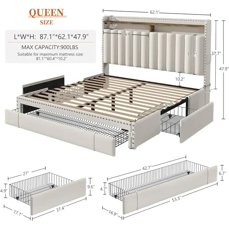 Struttura del letto imbottita Queen size, struttura del letto matrimoniale con 3 cassetti, struttura del letto Queen size con testiera