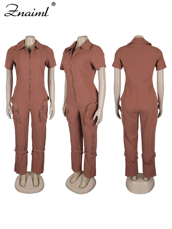 Znaiml Safari Style Short Sleeve Zipper Pocket Jumpsuit Women Fashion Cargo Pants One Piece Overalls Streetwear Playsuit Rompers