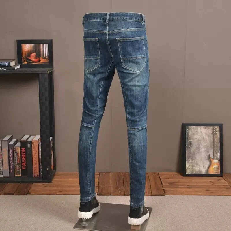 Streetwear Mode Mannen Jeans Retro Blauw Stretch Slim Fit Spliced Designer Biker Jeans Homme Hip Hop Broek Mannen Patched Broek