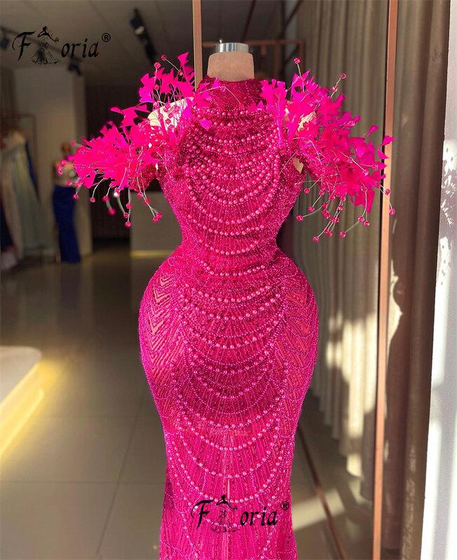 Gaun pesta Formal putri duyung manik-manik halus bulu desainer unik gaun malam rumbai mutiara