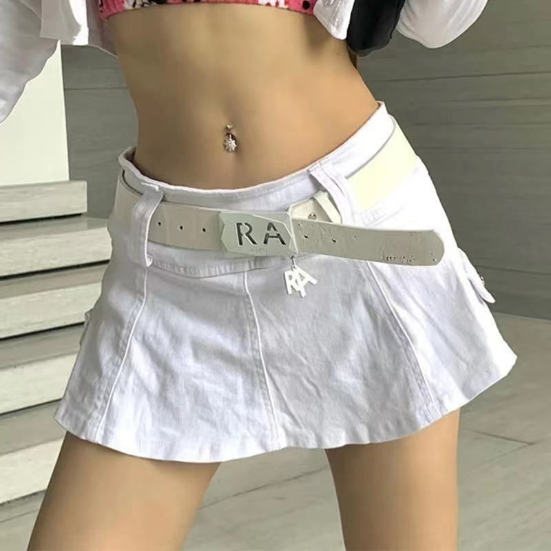 JMPR Ins Rok Celana Mini Pinggang Rendah Harajuku dengan Sabuk Wanita Rok Denim Ikat Pinggang Hitam Seksi Pakaian Klub Grunge Punk Wanita Mujer