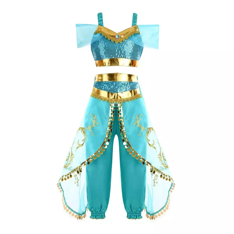-Księżniczka Jasmine sukienka dla dziewczynek, kostium aladyna, akcesoria, peruka, odzież impreza z okazji Halloween
