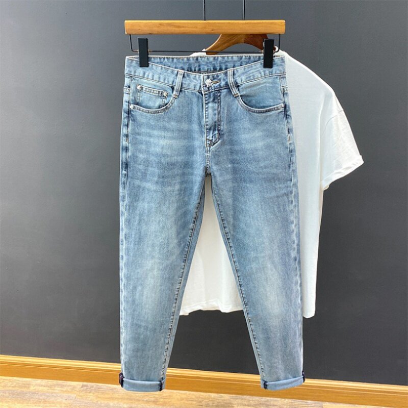 2024 Nieuwe High-End Retro Jeans Voor Heren Dunne, Distressed, Lichtgekleurde Skinny Stretch, Volledig Bijpassende Lichte Luxe Broeken