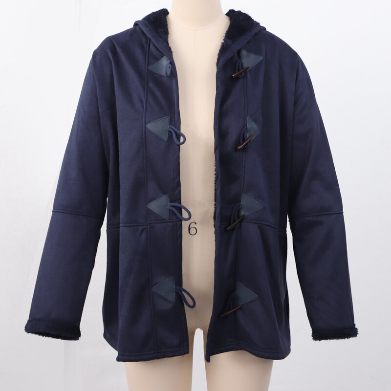 Abrigos de invierno de manga larga de imitación para mujer, chaqueta suelta de doble botonadura con bolsillos, talla grande, azul marino, XL