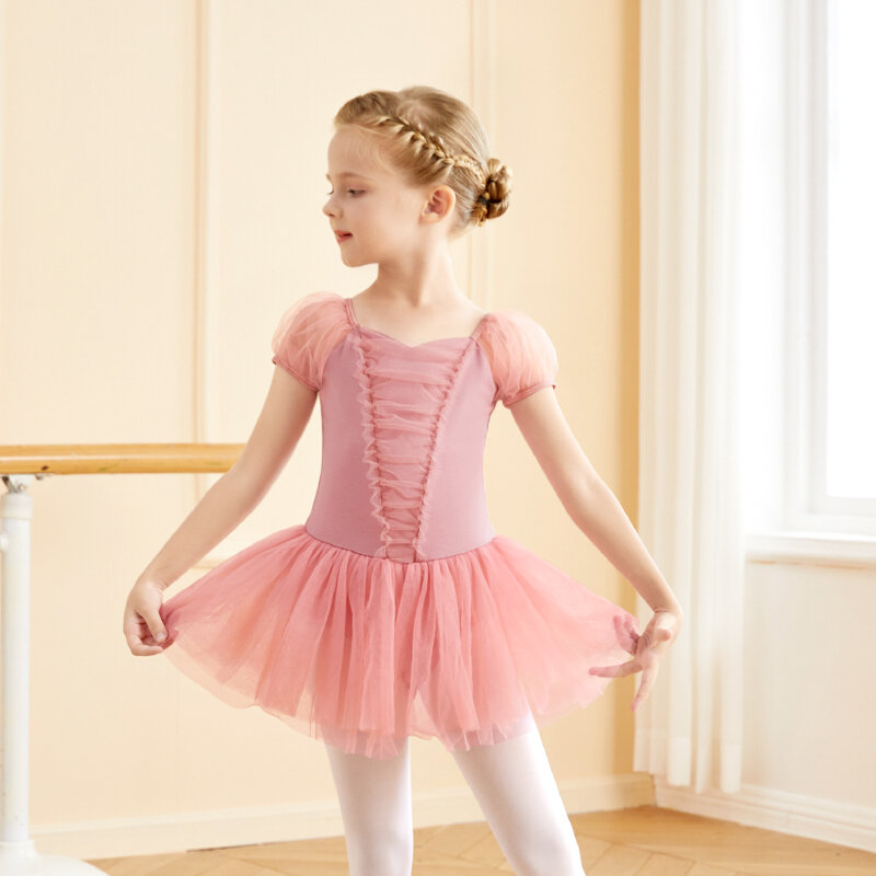 Gaun Tutu balet anak perempuan, pakaian rok balet Leotards lengan Puff, rok gazzy tari balet