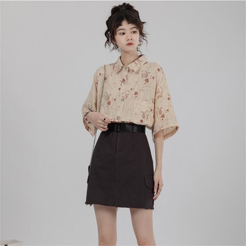 Xej kawaii hemd katze bedrucktes hemd koreanischer stil schicke frauen bluse hawaiian ische frauen sommer bluse übergroßes hemd