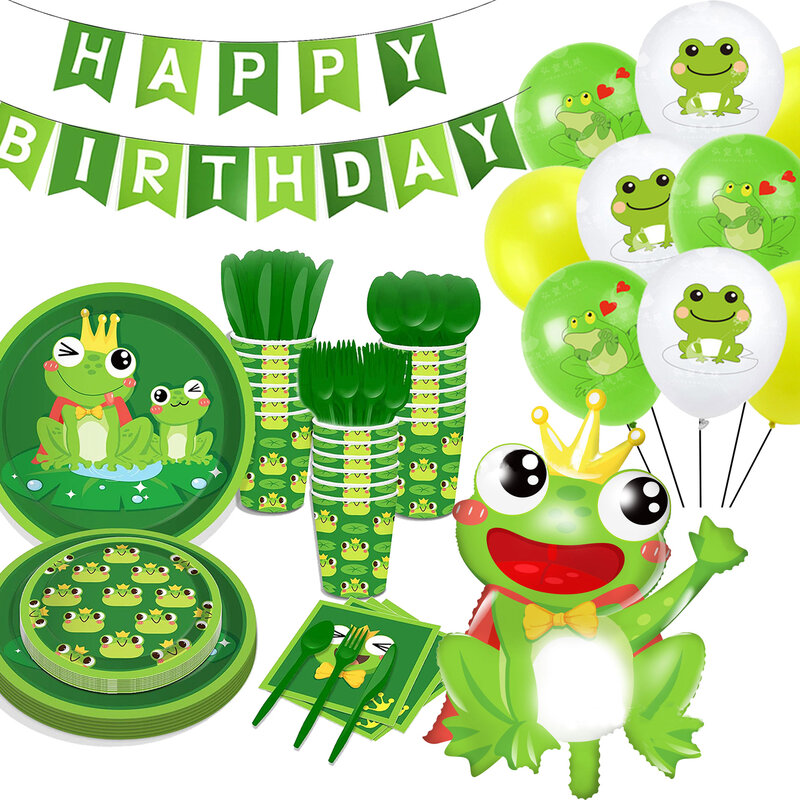 Perlengkapan pesta ulang tahun katak peralatan makan sekali pakai piring kodok cangkir serbet balon Foil lateks perlengkapan pesta ulang tahun bertema kodok
