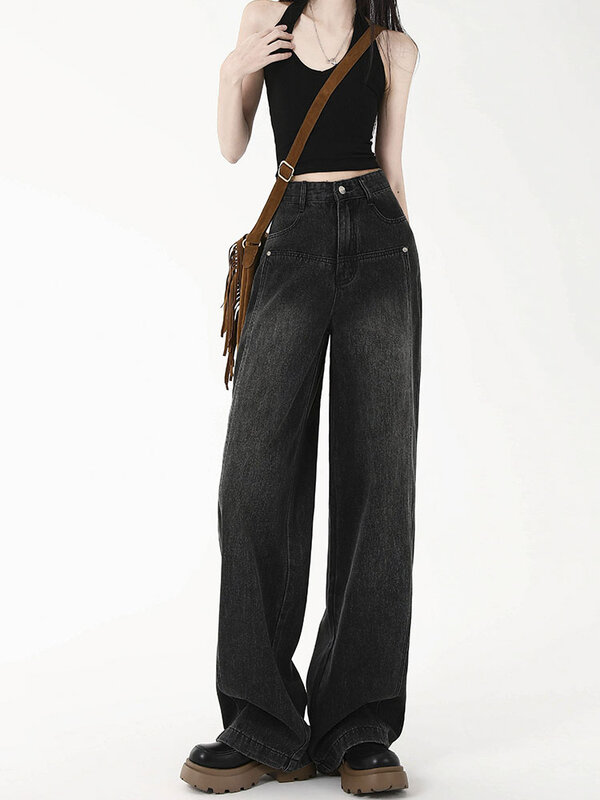 Джинсы женские с завышенной талией, винтажные прямые мешковатые брюки из денима, уличная одежда в американском стиле, модные джинсовые брюки с широкими штанинами