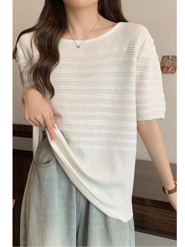 XL-4XL Large Size Knitted Tops For Women Summer New Short Sleeve Loose Oversize Tops Ice Silk Solid Color Striped Tshirt Female