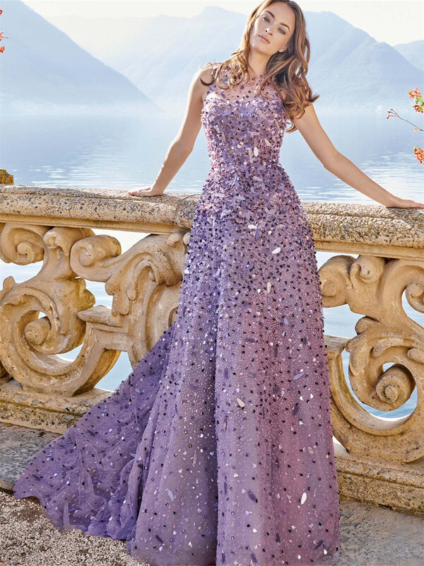 Gaun Prom payet glamor 2024 gaun malam payet berkilau elegan tanpa lengan panjang lantai gaun Vestidos De Novia