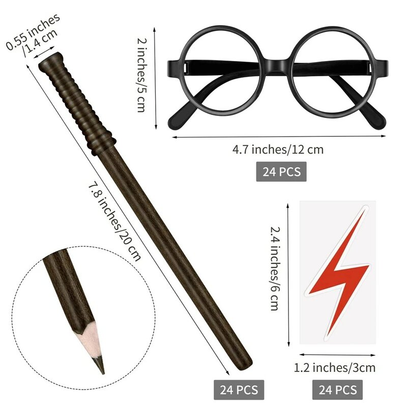 Il Set di bomboniere a tema Wizard 72x include 24 matite a bacchetta 24 occhiali da mago con montatura rotonda senza lenti 24 tatuaggi