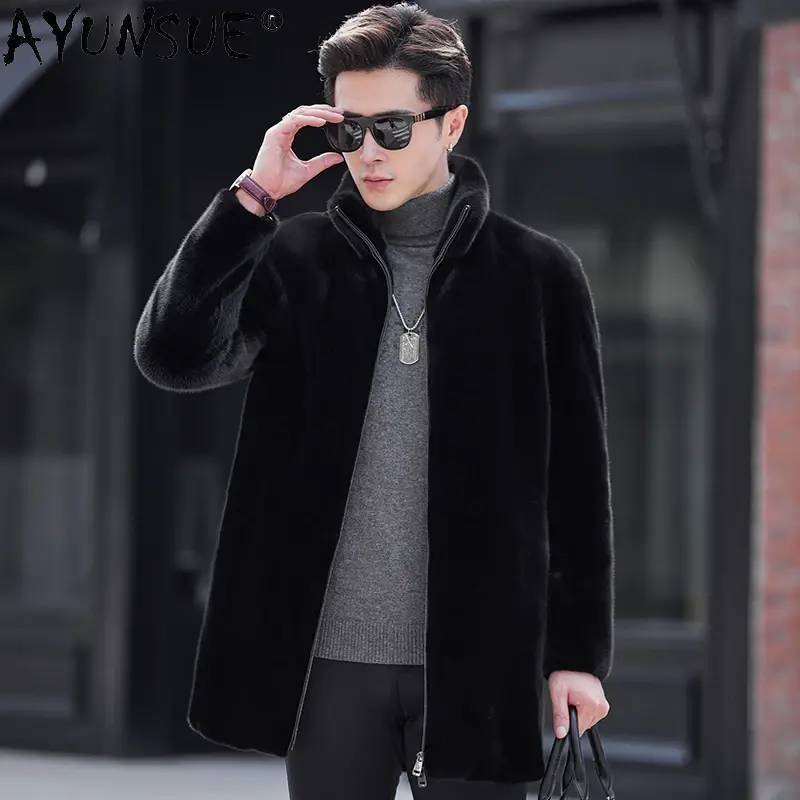 AYUNSUE-Casaco de pele de vison real masculino, jaqueta luxuosa de comprimento médio, casaco de pele natural, gola em pé, casual, inverno, 2023