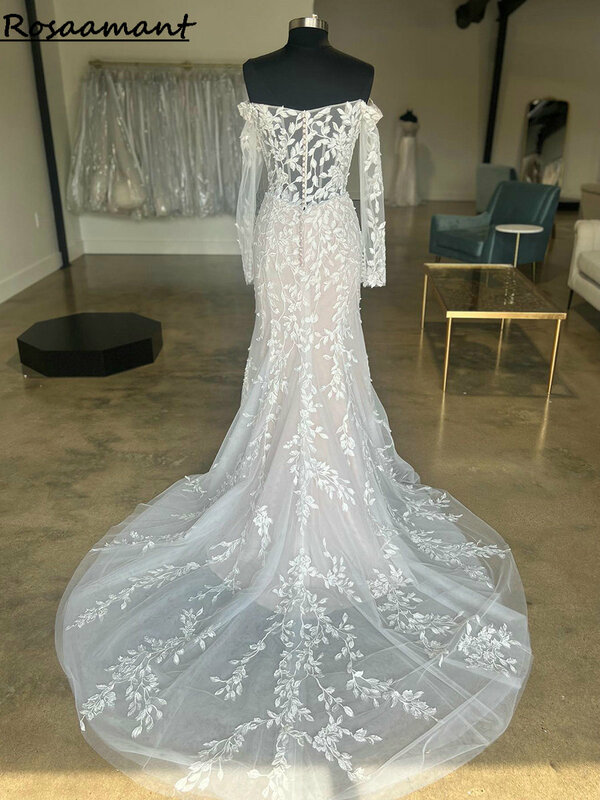 Real Image Off The Shoulder Illusion Back Mermaid Wedding Dresses Long Sleeve Appliques Lace Country Bridal Gowns