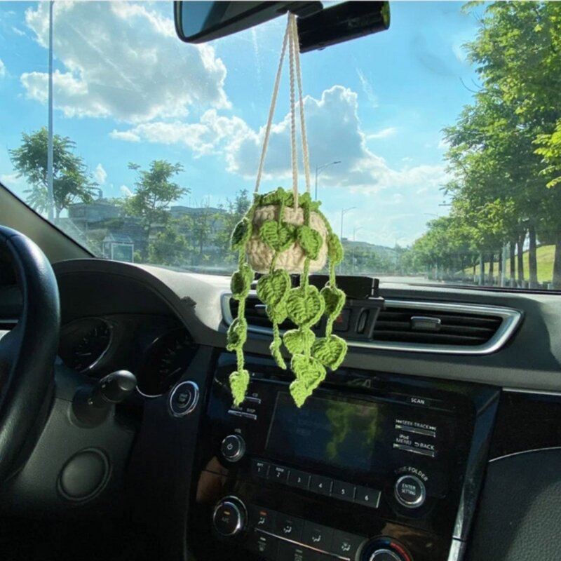 Potted Plants Crocheted Rearview Mirror Hand Knitted Hanging Ornament For Women