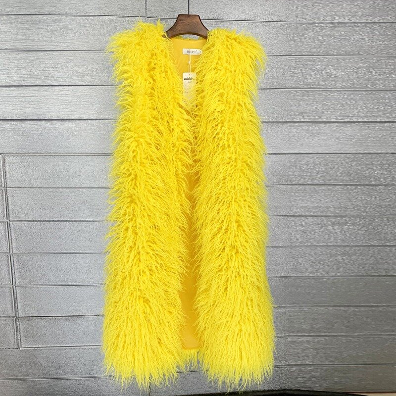 2023 Autumn Winter New Long Over-the-Knee Imitated Tibet Sheep Fur Fur Waistcoat Women Fashion Solid Color V-neck Warm Outwear