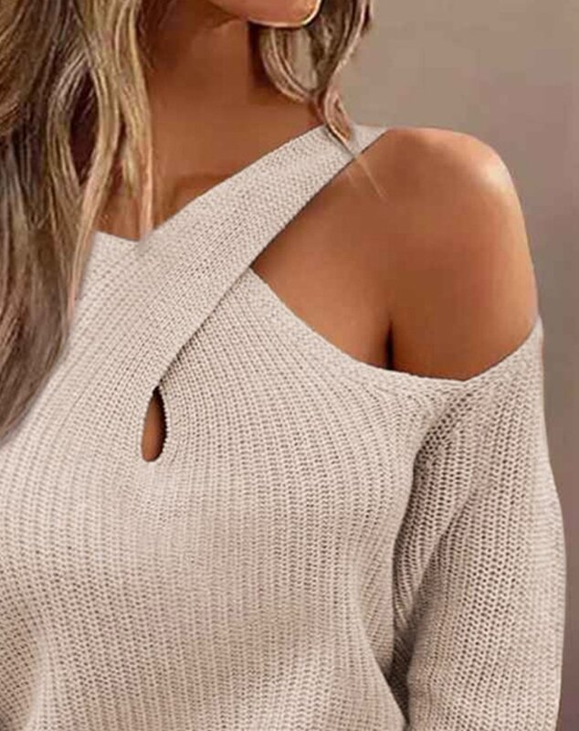 Sweater rajut wanita, Sweater jalan seksi Hollow Out elegan menyilang bahu dingin temperamen