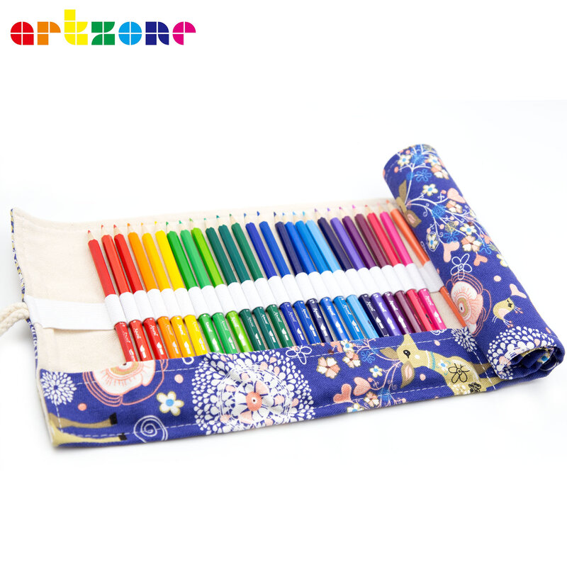 Trousse à crayons colorée Kawaii en toile pour filles et garçons, sac à stylos rond, étui à grillades, 36 trous