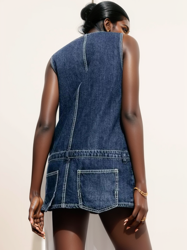 ZaracosHm2024 용수철 여성 포켓 장식, 민소매 짧은 파란색 데님 점프수트 스타일, 유럽과 미국 스타일, 신상
