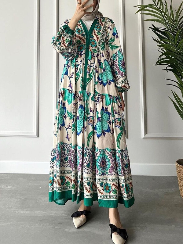 Baju Muslim wanita lengan panjang berdiri leher dicetak gaya etnik gaun ayunan besar leher-v Pullover Dubai Turki Abaya