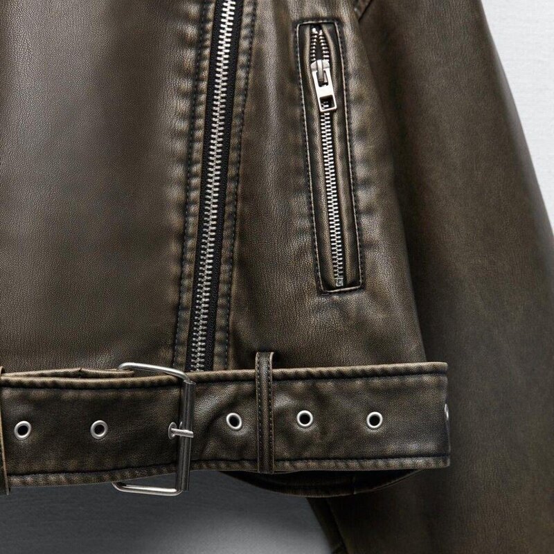 Women Oversized Vintage Loose Pu Faux Leather Short Jacket with Belt Streetwear Female Zipper Retro Moto Biker Coat Outwear