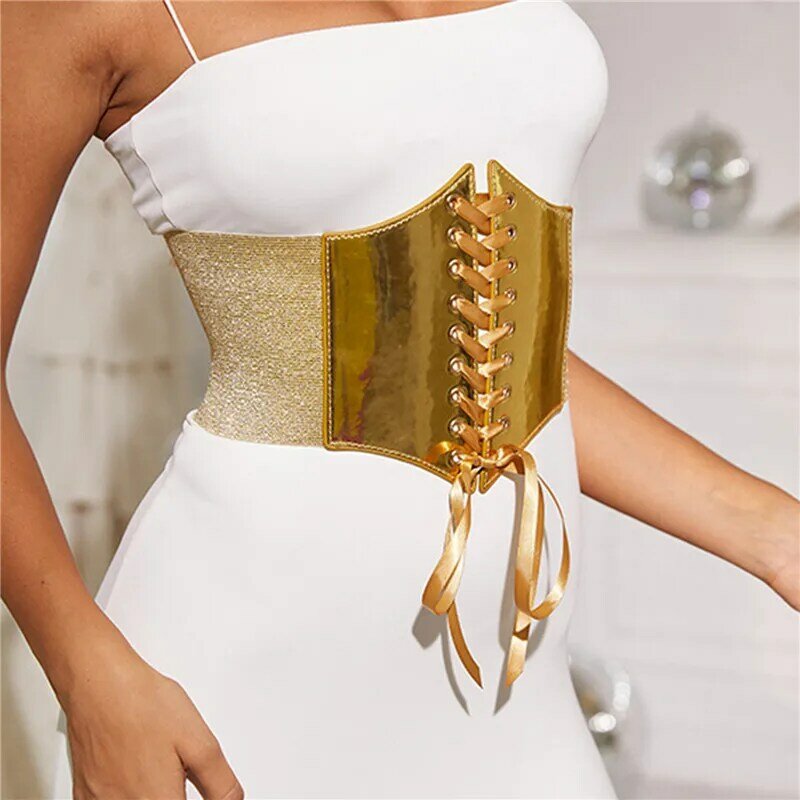 Korset emas elastis wanita, sabuk lebar korset emas elastis Fashion untuk wanita tali pinggang desainer merek mewah, mantel rok gaun korset dekoratif