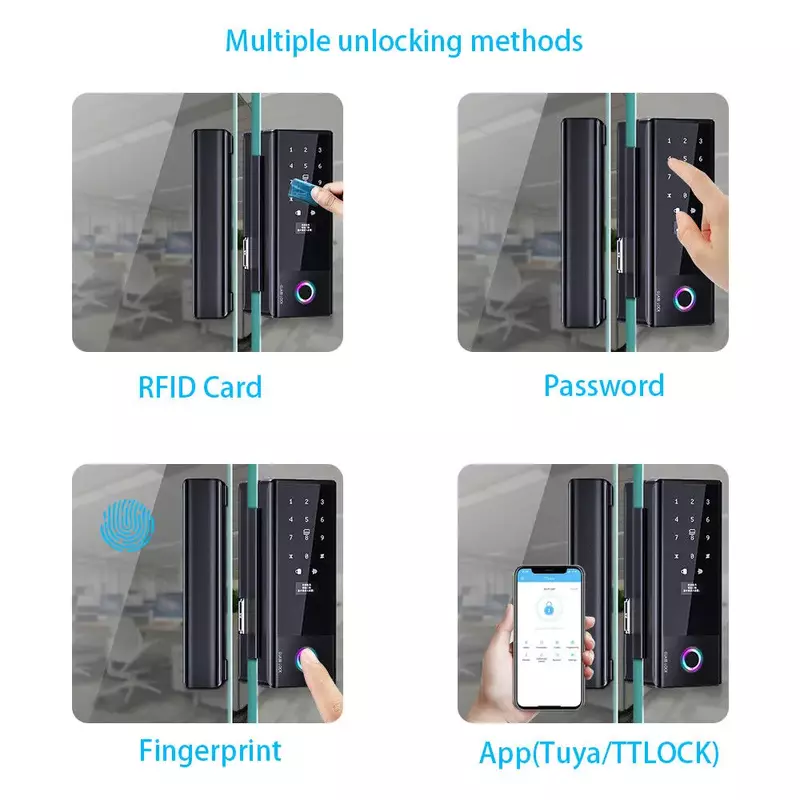 Kunci pintu kaca cerdas sidik jari, kunci pintu kaca cerdas sidik jari biometrik APP WIFI Tuya instalasi mudah