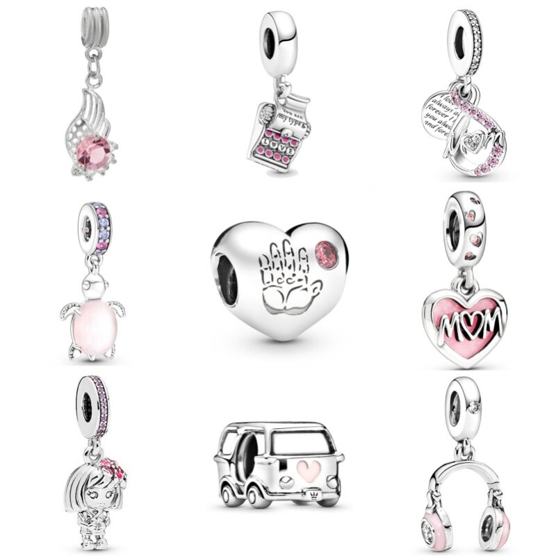 New Pink Series Heart Charms Beads Fit Original Pandora Bracelets Keychain Necklace DIY Mother's Day Jewelry Gift For Mom