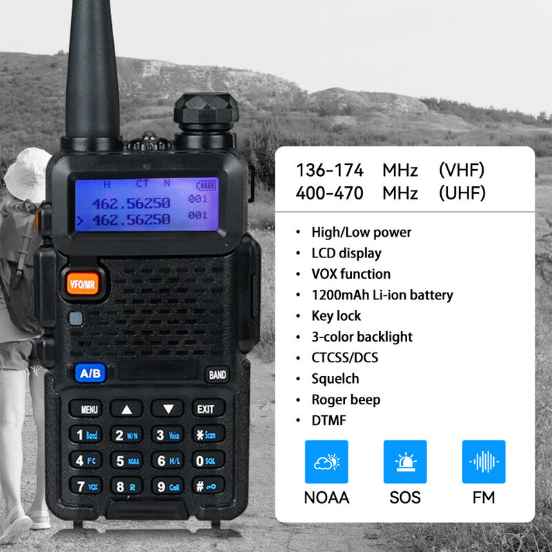핸디 워키토키, 5W 장거리 UV5R 햄 라디오 스테이션 트랜시버, VHF UHF 워키토키 라디오 통신, 사냥 캠핑용