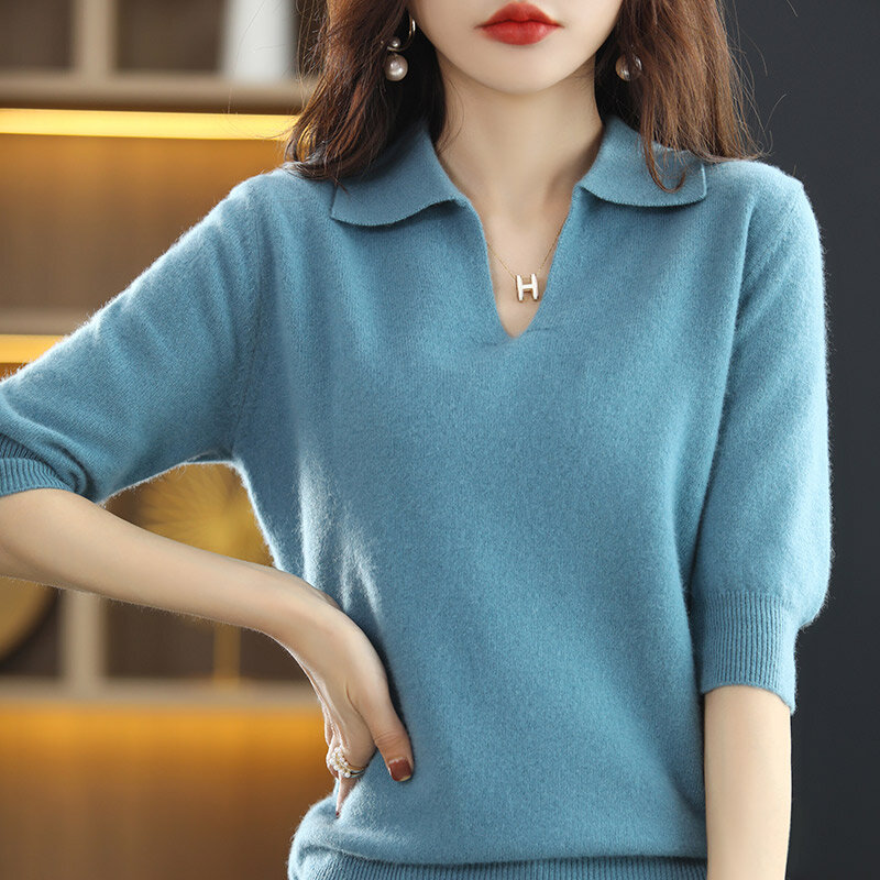 Suéter de cachemira para mujer, camiseta de primavera y otoño, Jersey de punto de lana pura, Jersey fino suelto de manga corta, tendencia 100%